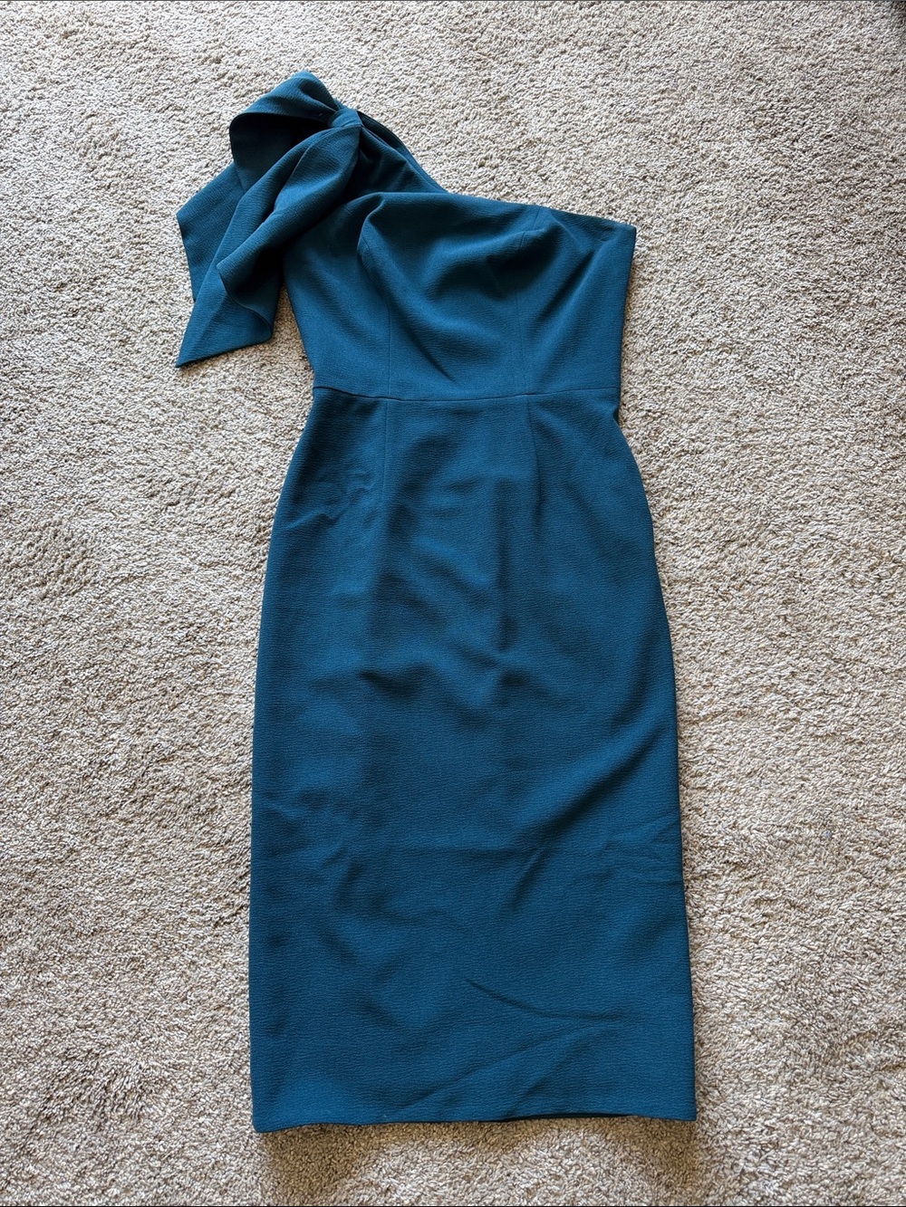 Dress the Population Teal One-Shoulder Sheath Dress with Bow Detail